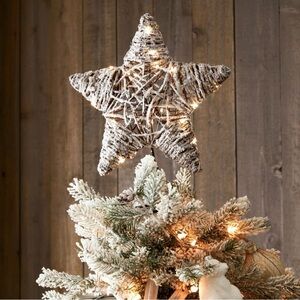 New Pottery Barn Light Up Snowy Star Handcrafted Rattan Christmas Tree Topper